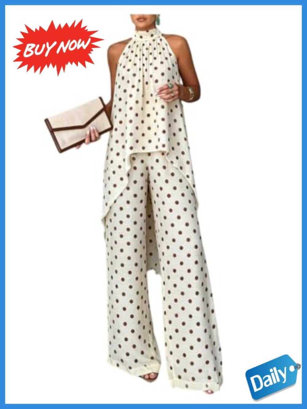 2 Piece Polka Dot Halter Top & Wide Leg Pant Set High Low Sleeveless